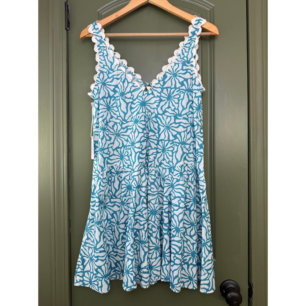 NWT Saylor Geneva 70's Floral Batik Mini Rickrack Resort Dress Blue Cream Small